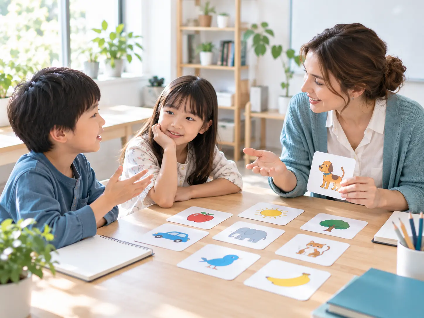 先生と生徒2名が英語でやりとりする様子（イメージ）